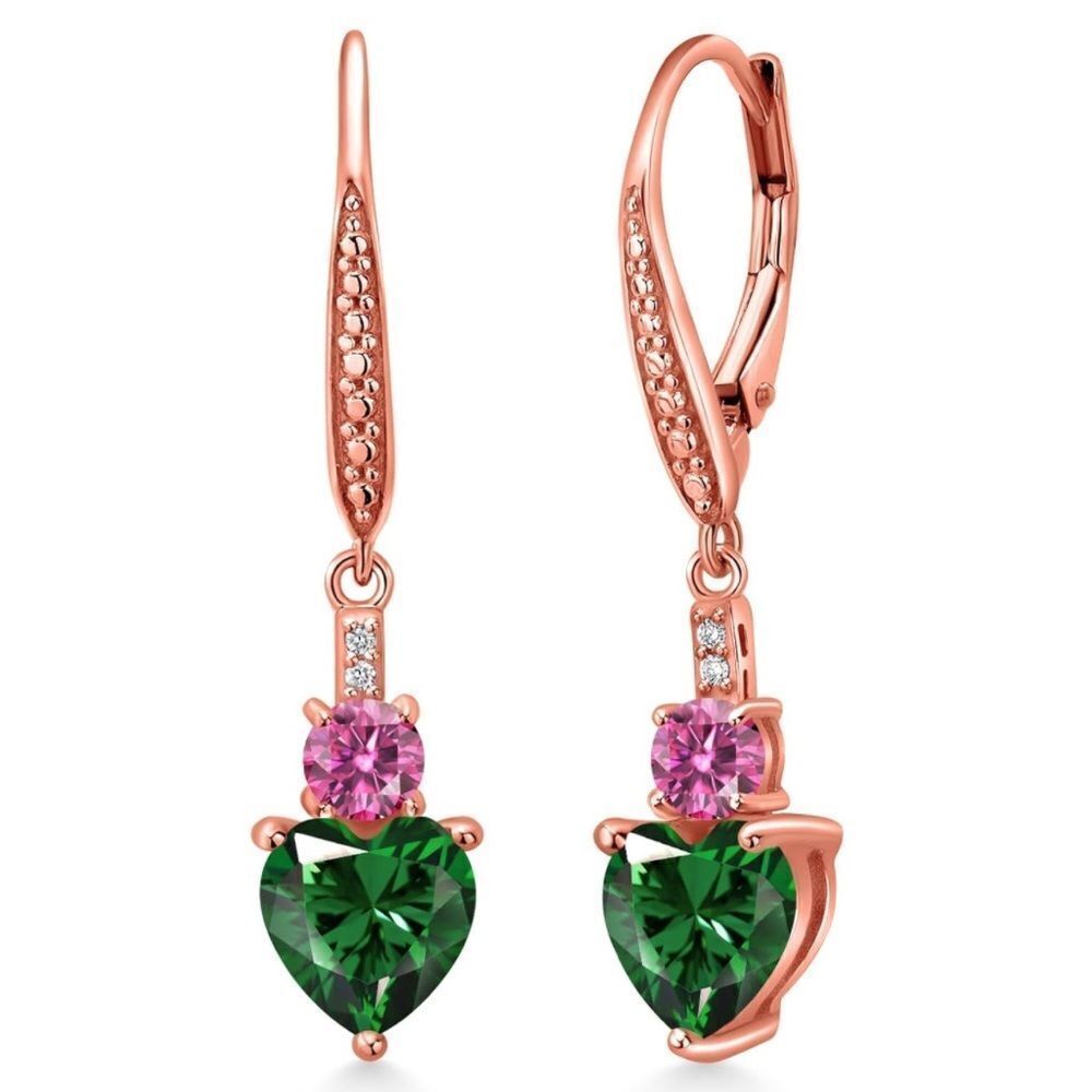 18K Rose Gold with 2.49 Cttw Emerald and Pink Moissanite Heart Drop Earrings